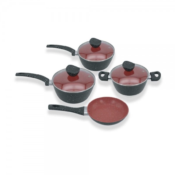 Conjunto Panelas Antiaderente com Tampa de Vidro 04 peças - Preto e Vermelho