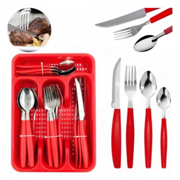 Conjunto de Talheres Home em Aço Inox Vermelho 25 Peças