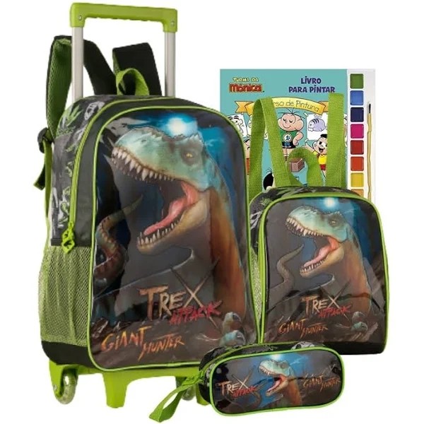 Kit Mochila T-rex De Dinossauro Rodinha Escolar Infantil Lancheira e Estojo