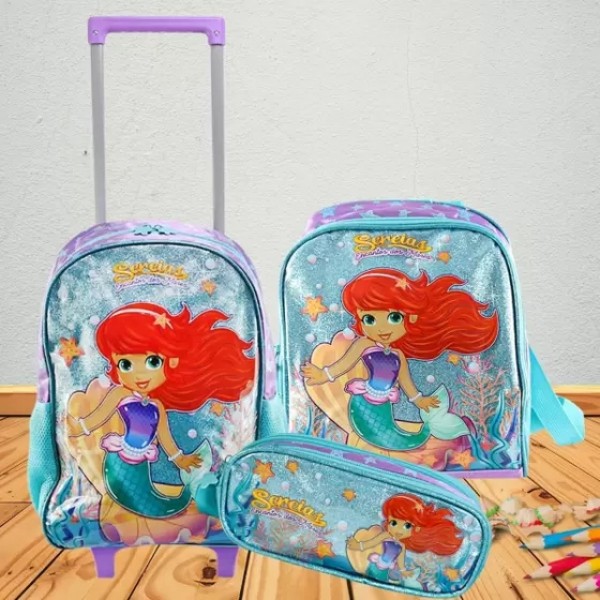 Kit 3 Peças Mochila de Rodinha Lancheira e Estojo Sereia dos Mares Menina