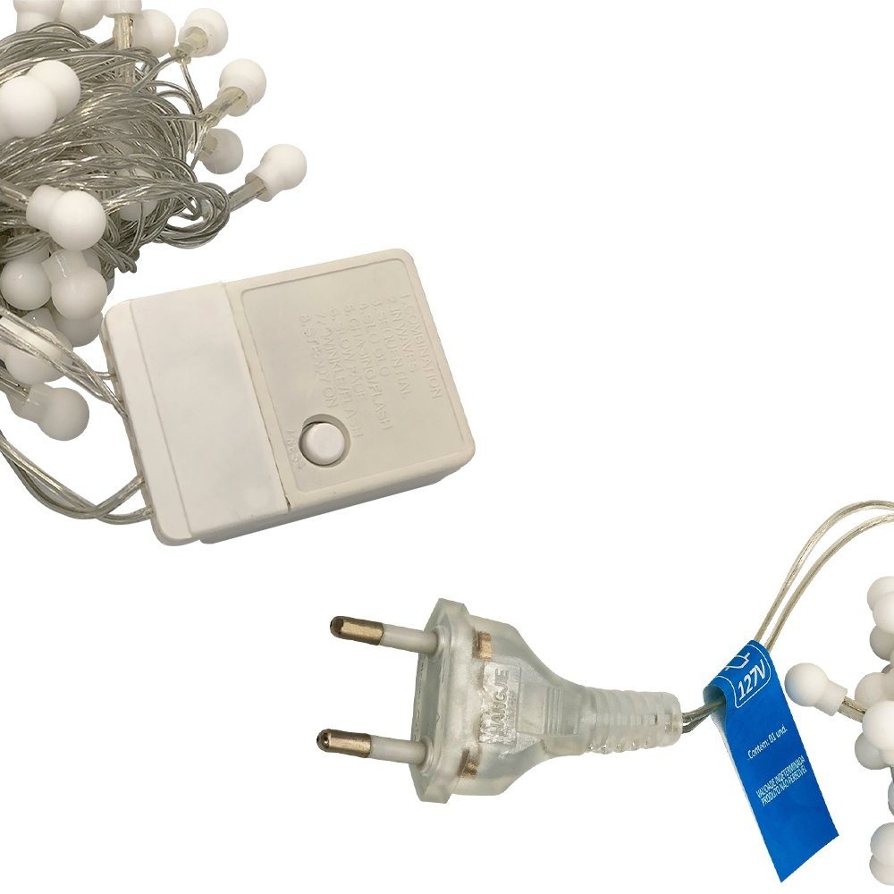 Cordão Led Fio Luz Varal 8 Funções com 100 Bolinhas Amarelo/Branco Quente 127v